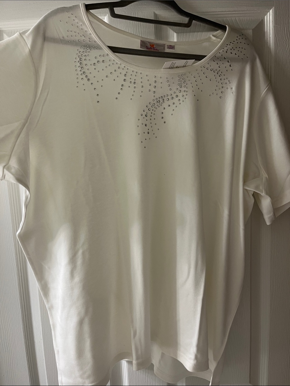 Women's White Short Sleeve Top with Rhinestone Accent